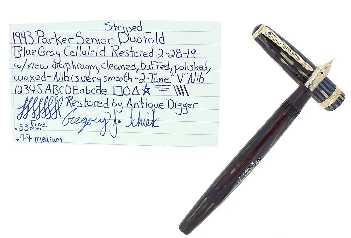 1943 PARKER SENIOR DUOFOLD STRIPED BLUE GRAY CELLULOID FOUNTAIN PEN RESTORED