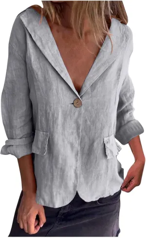 2024 Fall Cotton Linen Blazer Women Long Sleeve Lightweight One Button Cardigan Jackets Business Casual Work Outwear