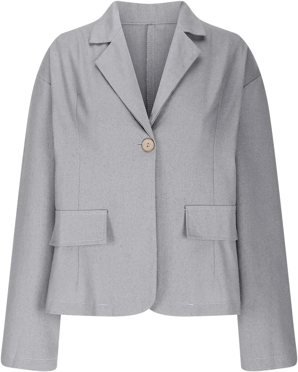 2024 Fall Cotton Linen Blazer Women Long Sleeve Lightweight One Button Cardigan Jackets Business Casual Work Outwear