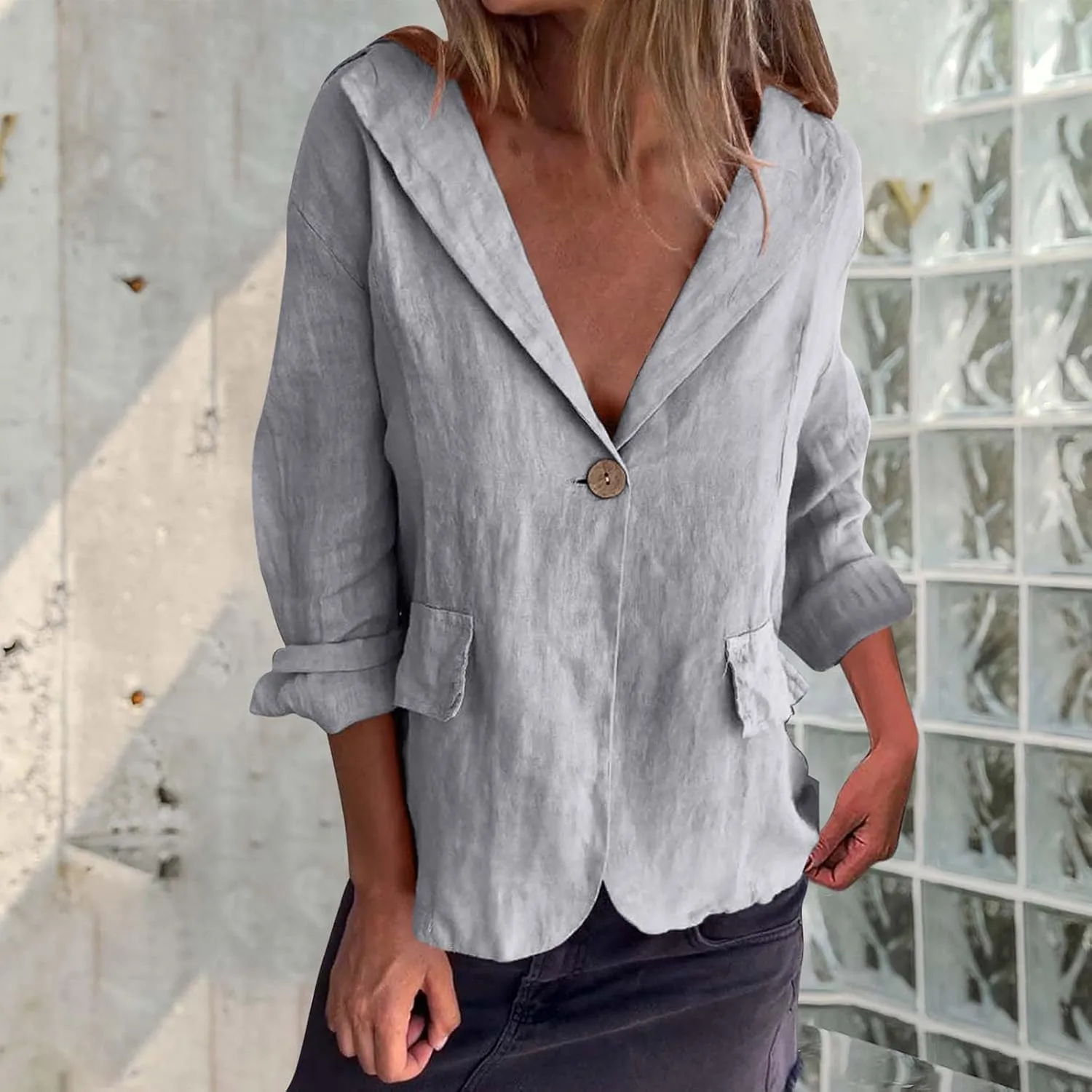 2024 Fall Cotton Linen Blazer Women Long Sleeve Lightweight One Button Cardigan Jackets Business Casual Work Outwear