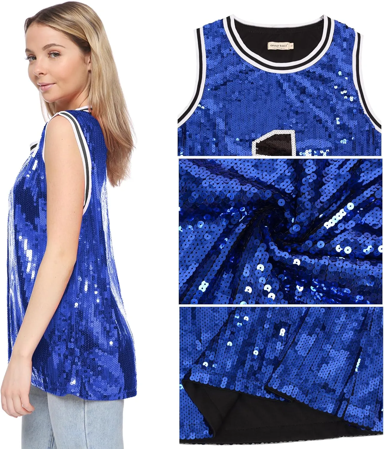 Anna-Kaci Sparkle Glitter Hip Hop T-Shirt Top Tunic Basketball Sequins Tank Vests
