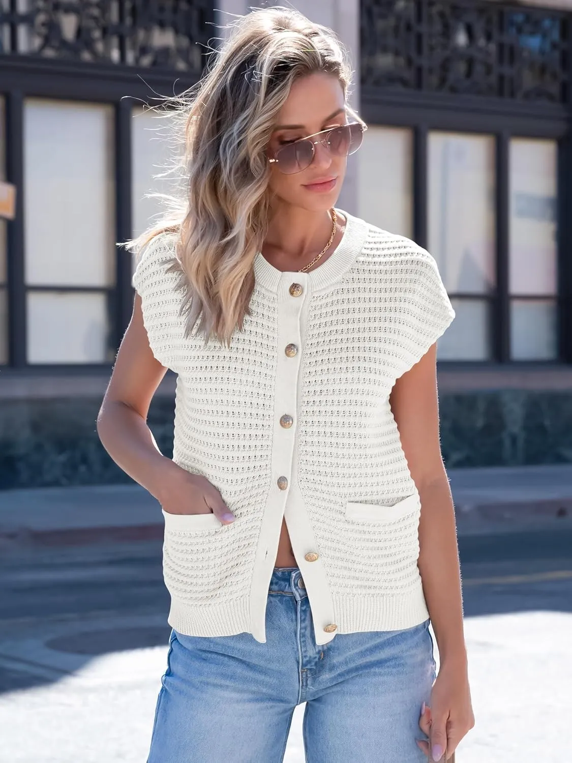 ANRABESS Women Sweater Vests Sleeveless Cardigan Casual Loose Knit Button Down Sweater Tops 2025 Spring Summer Trendy Outfits