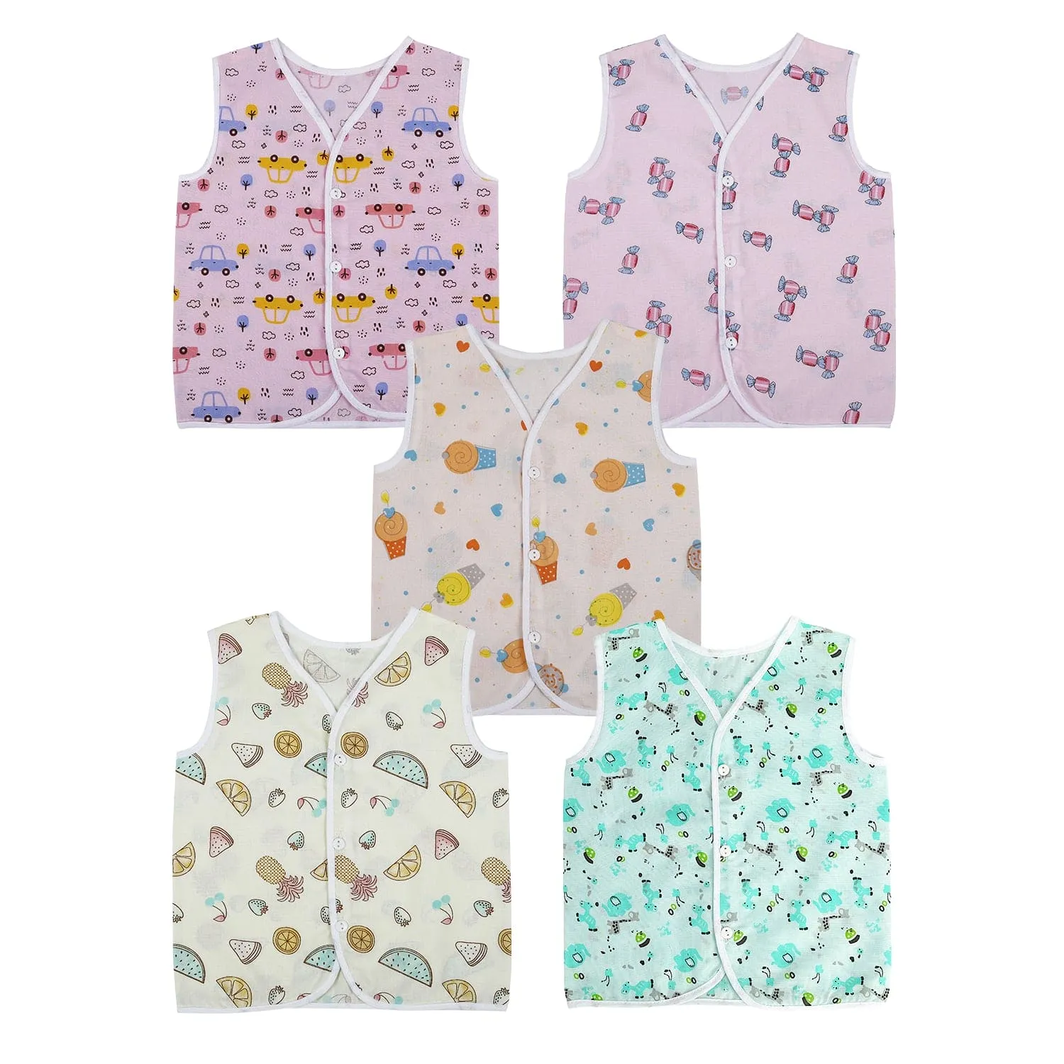 Baby Moo Sugar Rush Multi Print V-Neck Sleeveless Front Opening Button Cotton Jhablas 5 Pcs - Pink, Multicolour