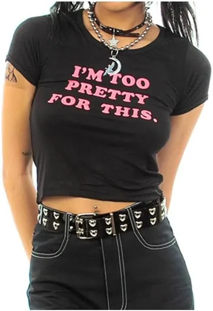 Baby Tees for Women Y2K Baby Tees E-Girls Cute Graphic Print Crop Tops Slim Fit T Shirts Retro Vintage Aesthetic