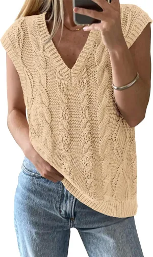 BTFBM Womens Oversized Sweater Vest 2025 Summer V Neck Casual Sleeveless Sweaters Loose Cable Knit Pullover Tops