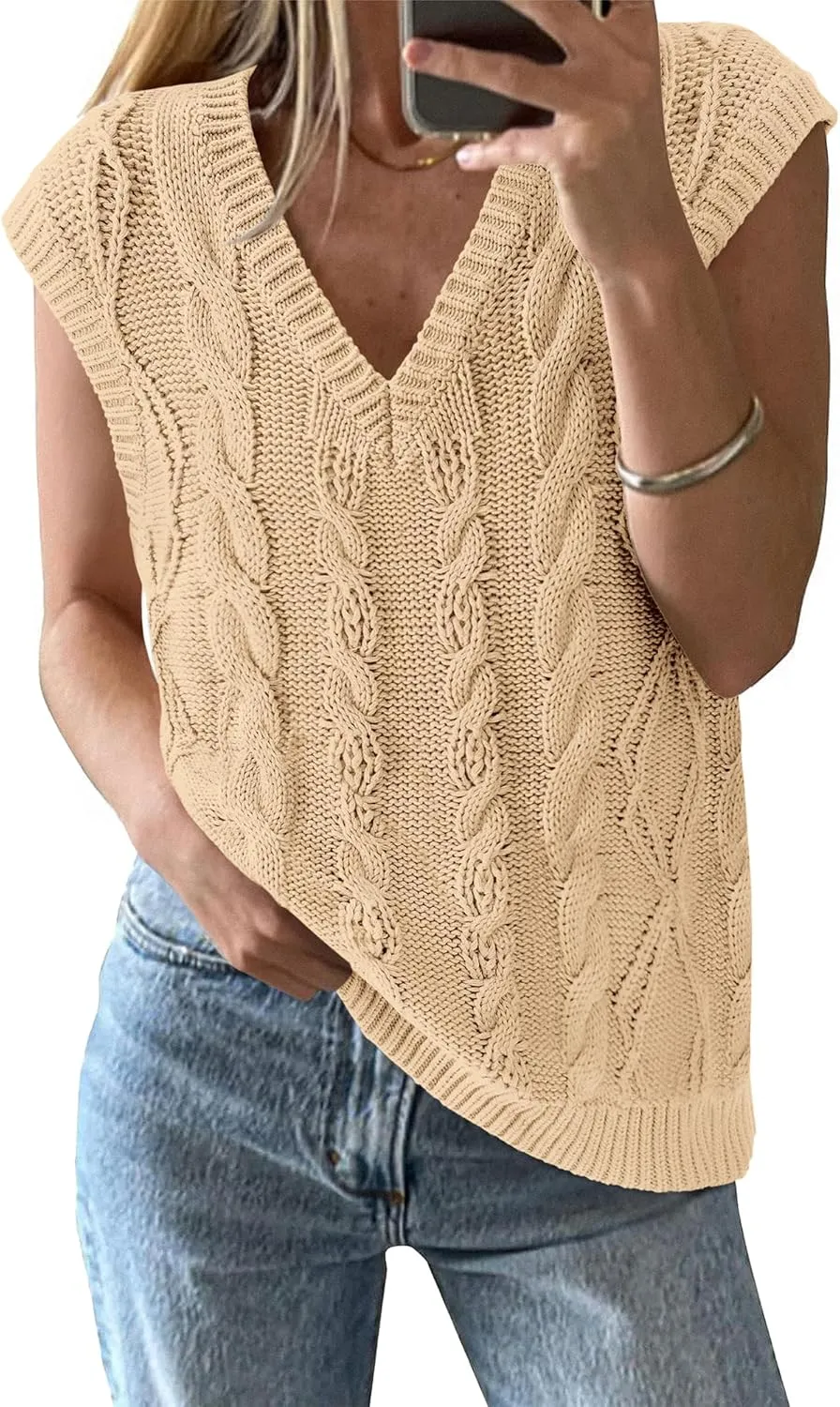 BTFBM Womens Oversized Sweater Vest 2025 Summer V Neck Casual Sleeveless Sweaters Loose Cable Knit Pullover Tops