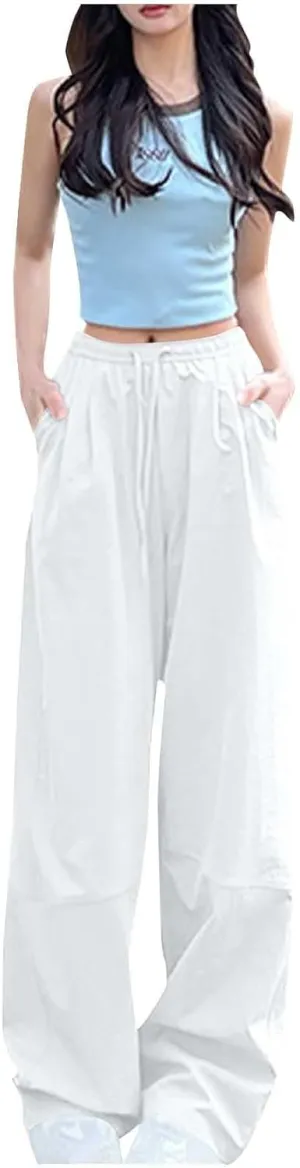Cargo Pants Women Summer Casual Wide Leg Drawstring Stretch Waisted Baggy Solid Color Outdoor Hiking Casual Trousers