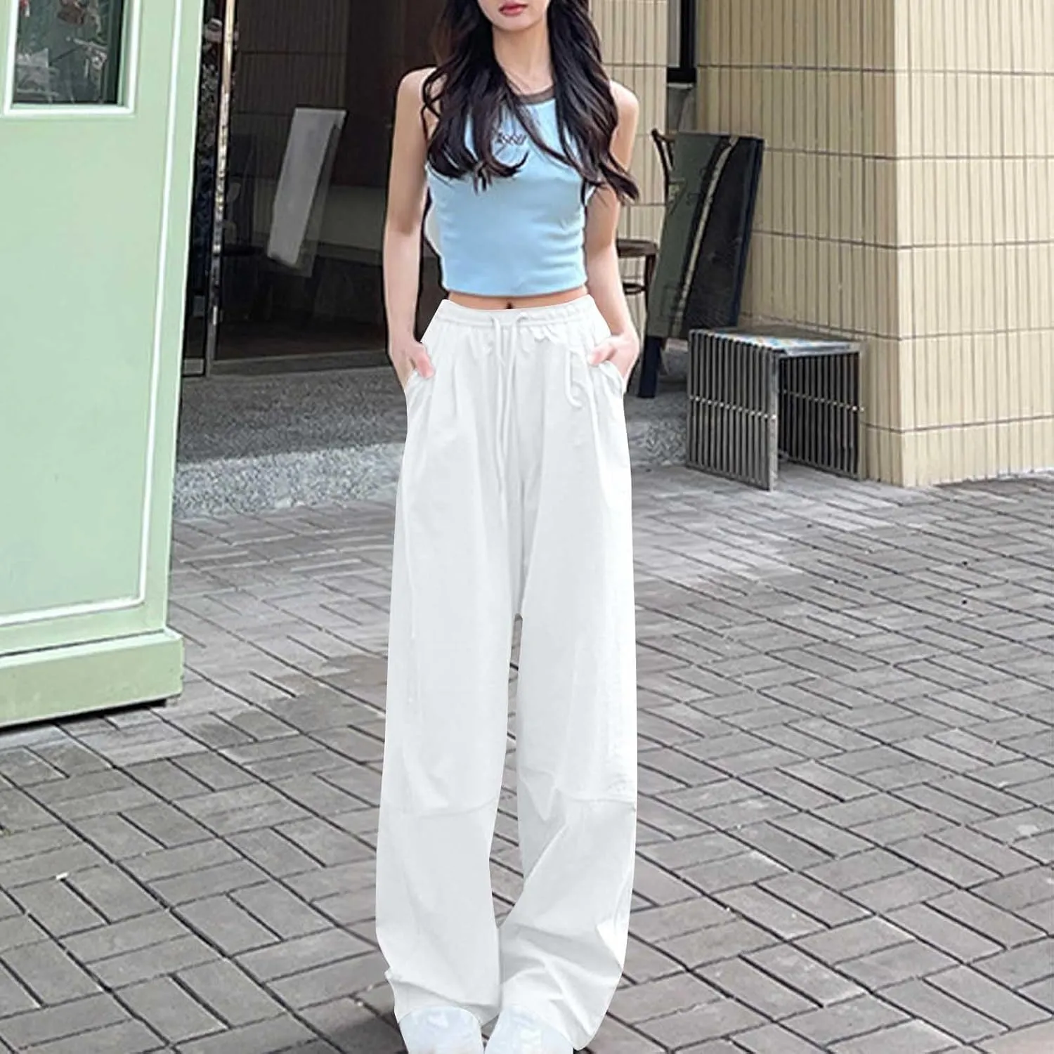Cargo Pants Women Summer Casual Wide Leg Drawstring Stretch Waisted Baggy Solid Color Outdoor Hiking Casual Trousers