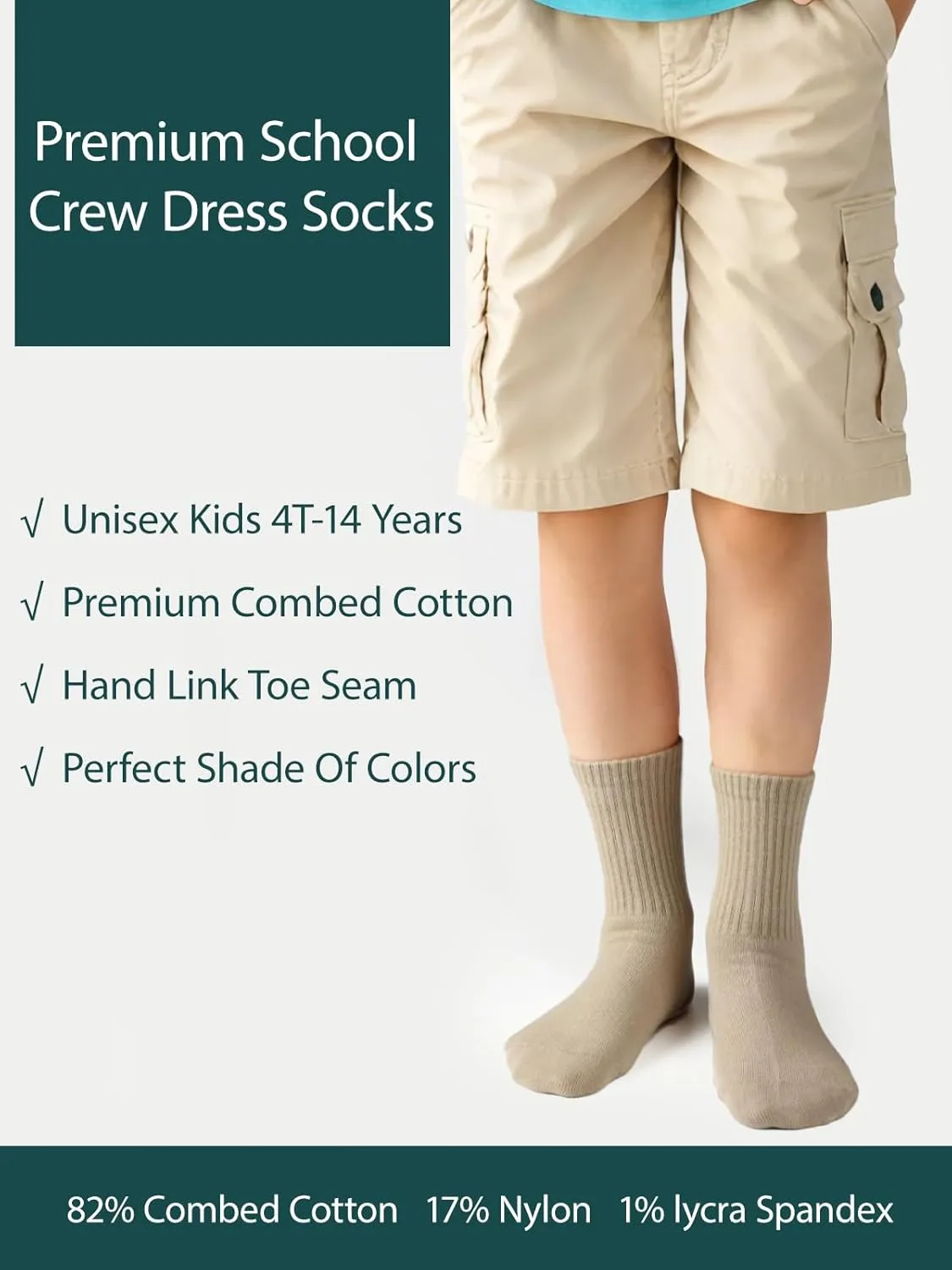 COTTON DAY Unisex School Kids Boys Girls Soft Cotton Black White Gray Navy Khaki Athletic Socks with Retro Stripes