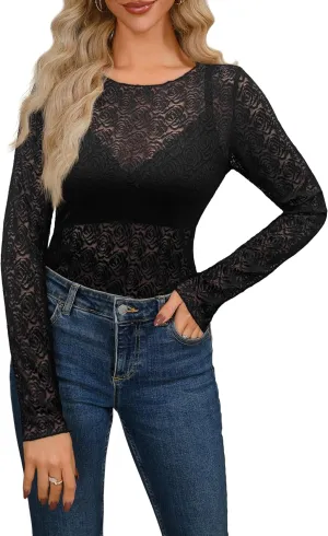 Diosun Womens Lace Floral Tops Long Sleeve Mesh Round Neck Sexy See Through Shirts Floral Blouses Top