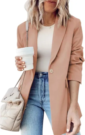 Dokotoo Womens Blazer for Spring 2024 Turn Down Collar Fashion Solid Color Buttoned Work Office Blazer Jackets for Women Business Casual Jacket Pink Large