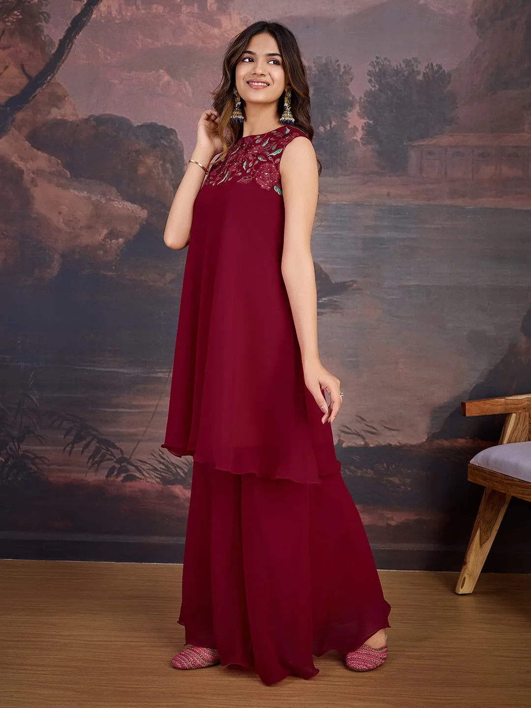 Embroidered A-Line Kurta With Palazzo