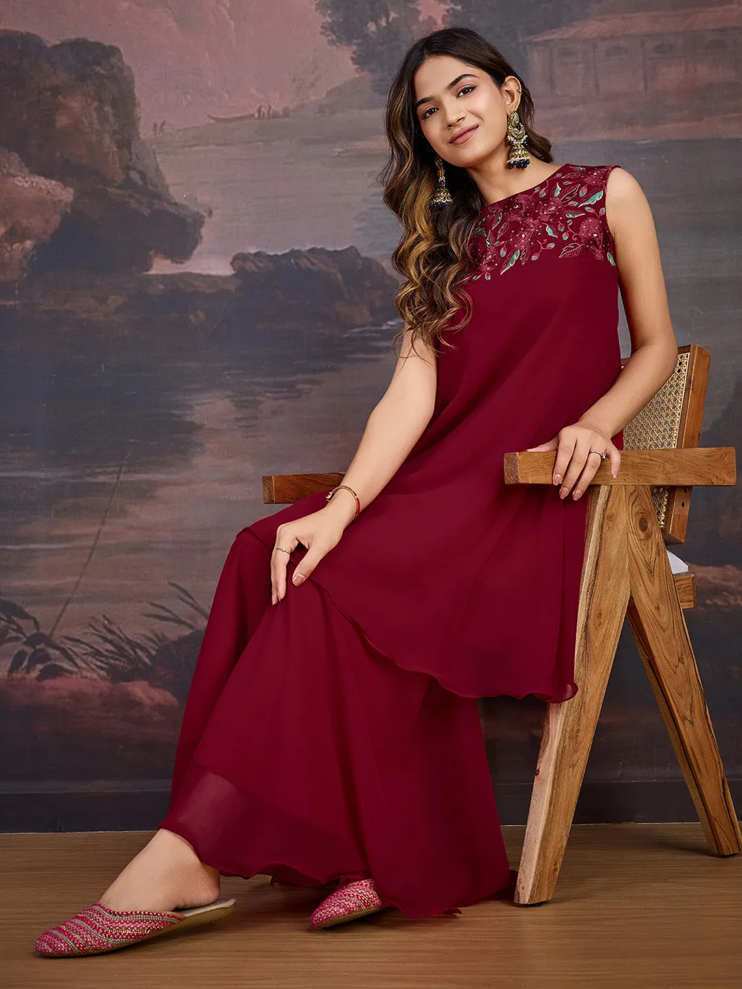 Embroidered A-Line Kurta With Palazzo