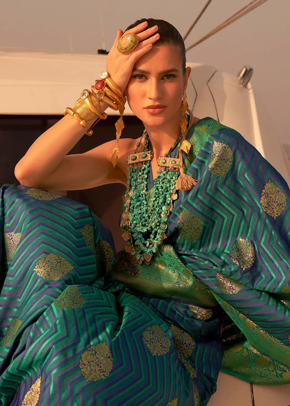 Enchanting Blue-Green Pure Satin Silk Two Tone Weaving Saree