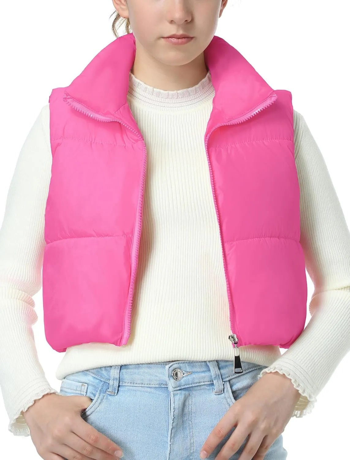 EXARUS Girls Puffer Vest Cropped Puffy Water Resistant with Pockets Lightweight Outerwear Vests Warm Sleeveless 6-14Y