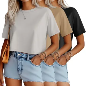 Ficerd 3 Pack Women Crop Tops Half Sleeve Cropped T Shirts Casual Crew Neck Drop Shoulder Loose Summer Solid Color