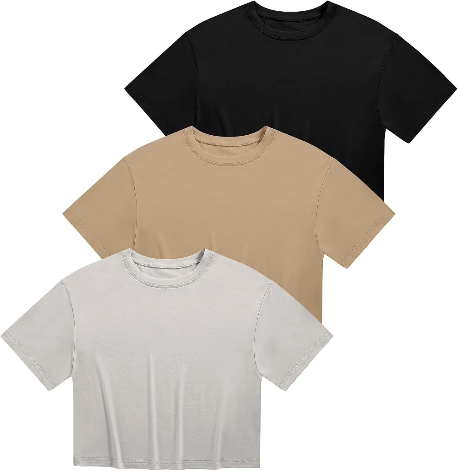 Ficerd 3 Pack Women Crop Tops Half Sleeve Cropped T Shirts Casual Crew Neck Drop Shoulder Loose Summer Solid Color