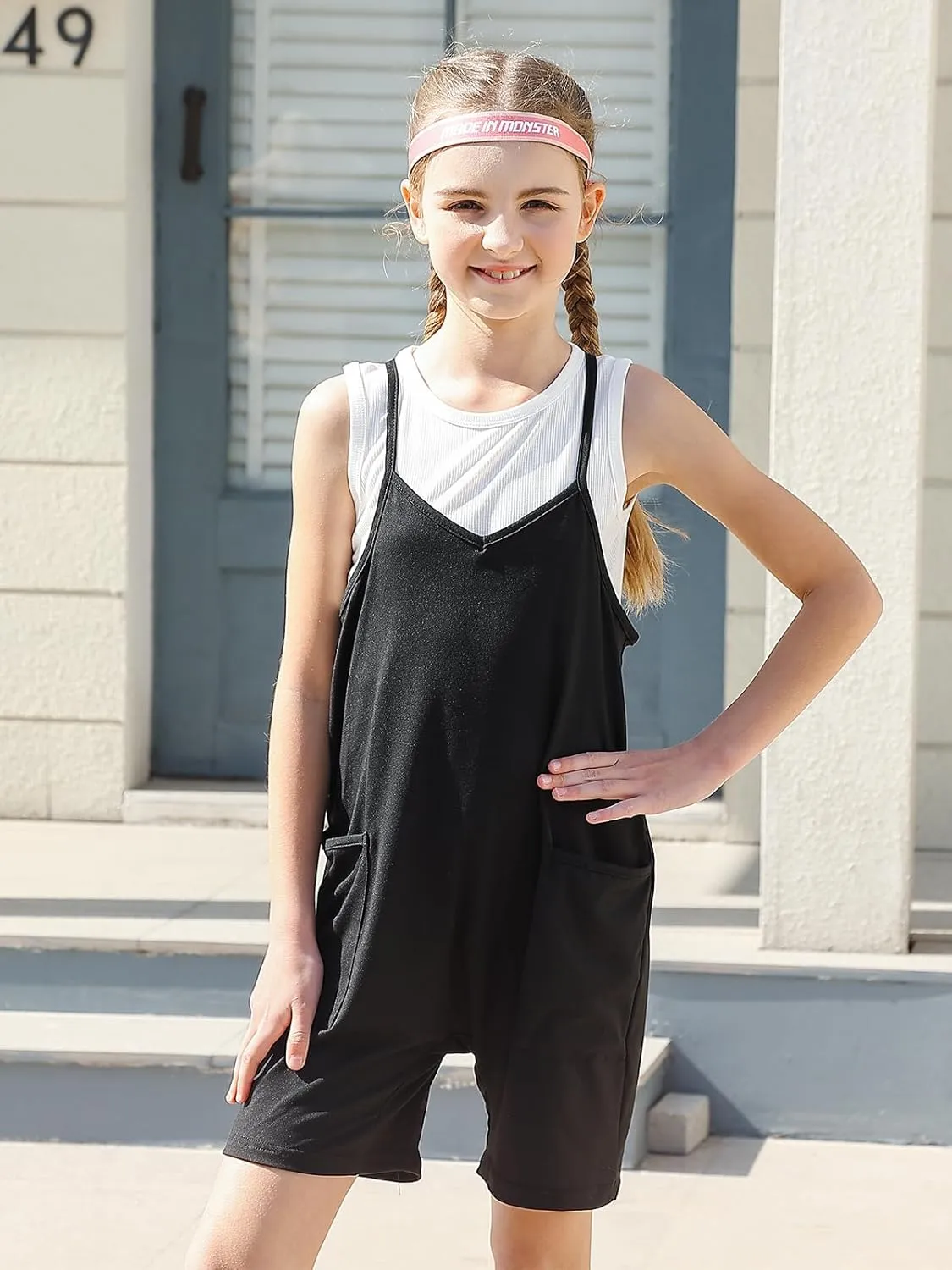 Girls Casual Sleeveless Jumpsuits Summer Spaghetti Strap Shorts Romper With Pockets Size 8-12