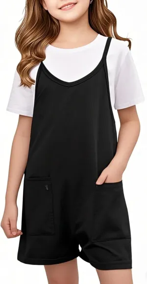 Girls Casual Sleeveless Jumpsuits Summer Spaghetti Strap Shorts Romper With Pockets Size 8-12