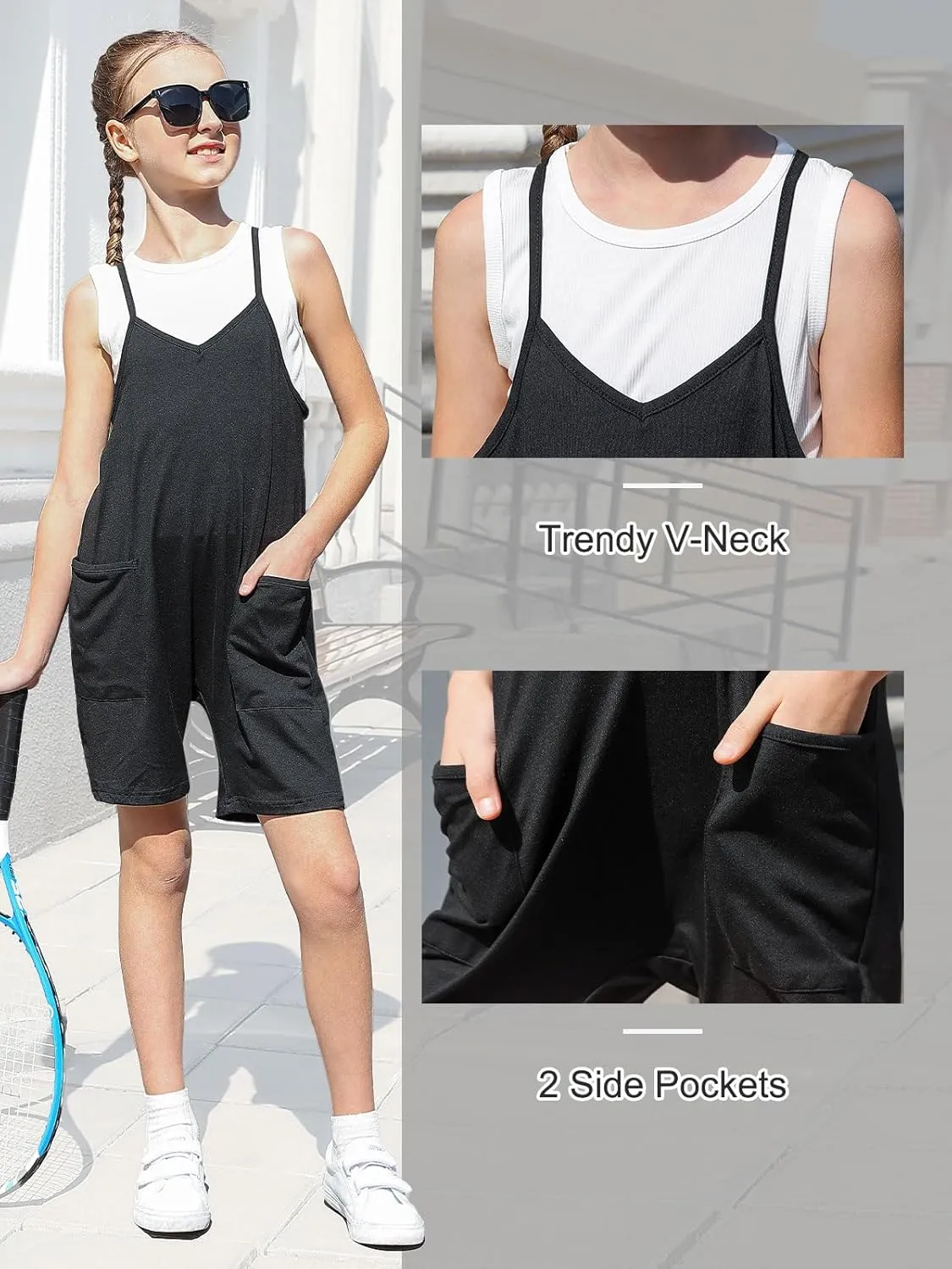Girls Casual Sleeveless Jumpsuits Summer Spaghetti Strap Shorts Romper With Pockets Size 8-12