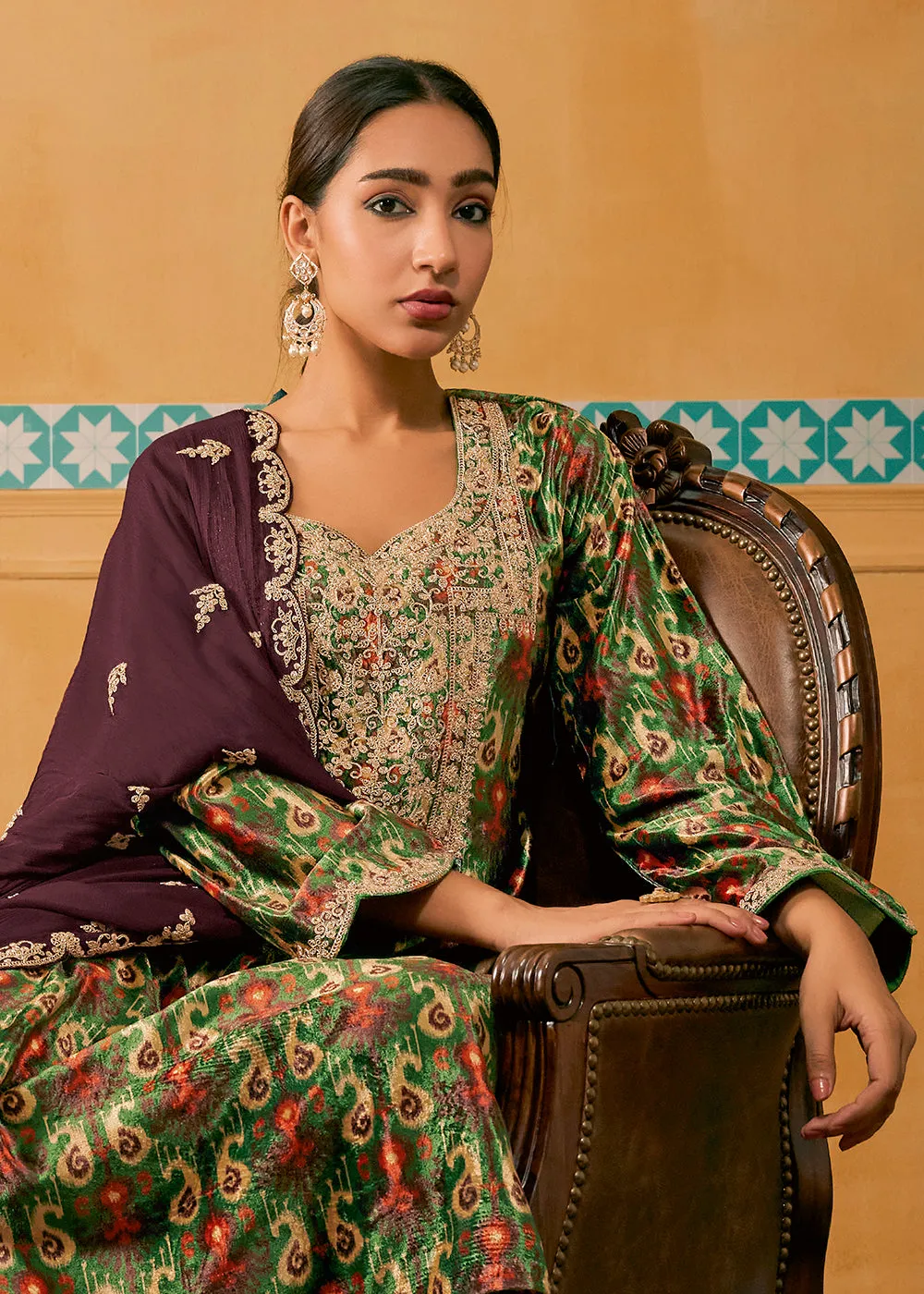 Green Multicolor Digital Printed Embroidered Velvet Salwar Suit