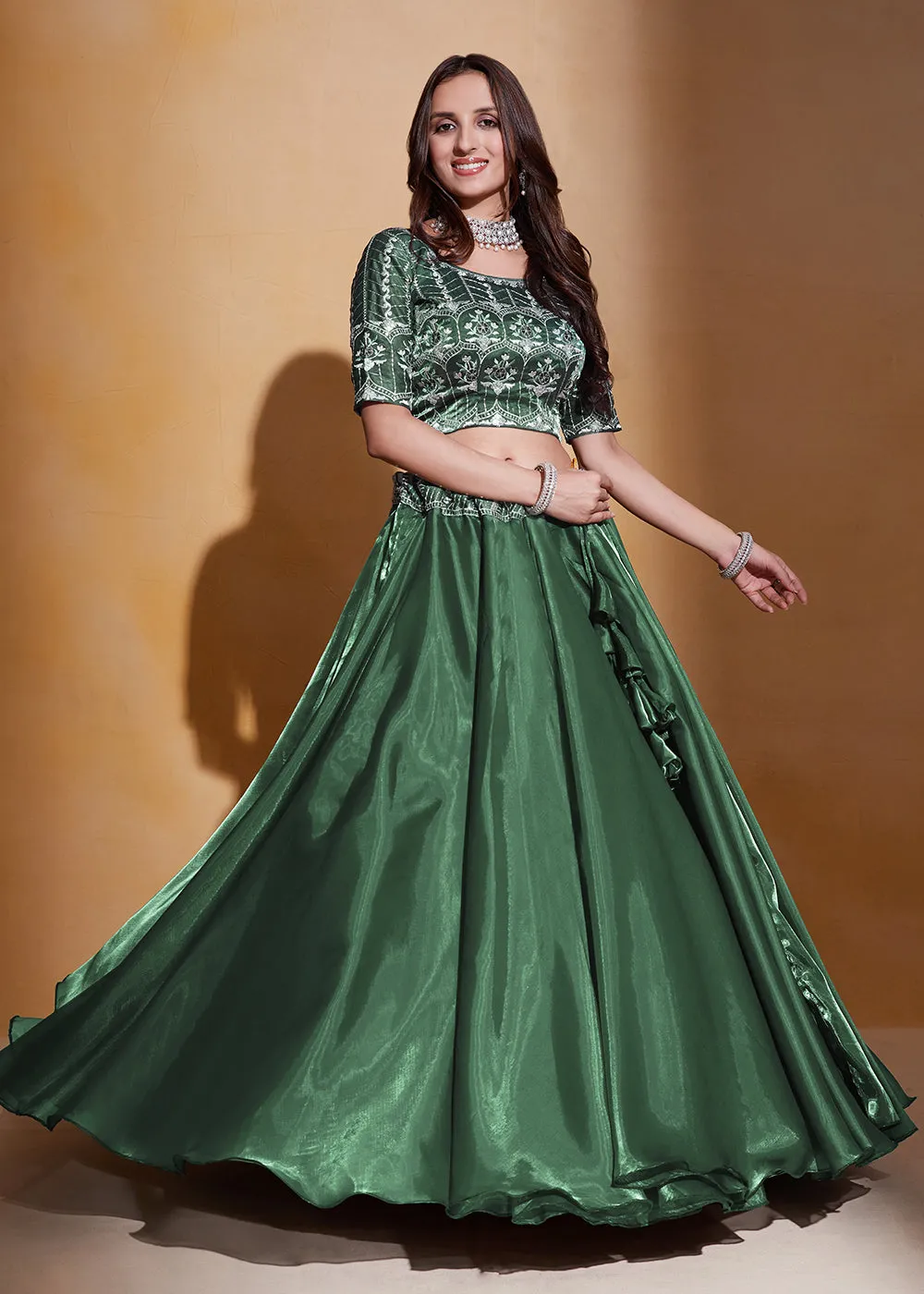 Green Organza Silk A Line Festive Party Lehenga Choli