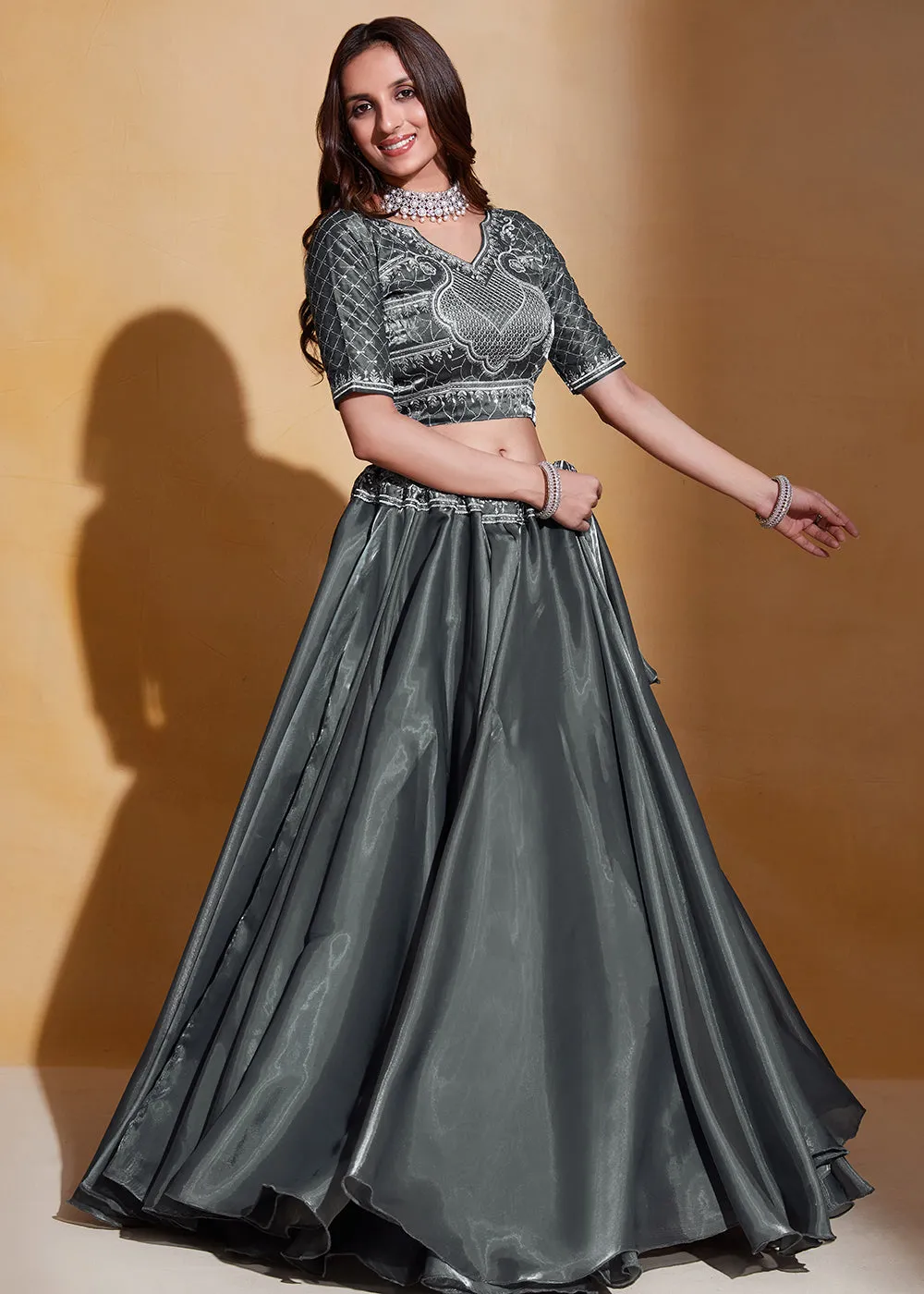 Grey Organza Silk A Line Festive Party Lehenga Choli