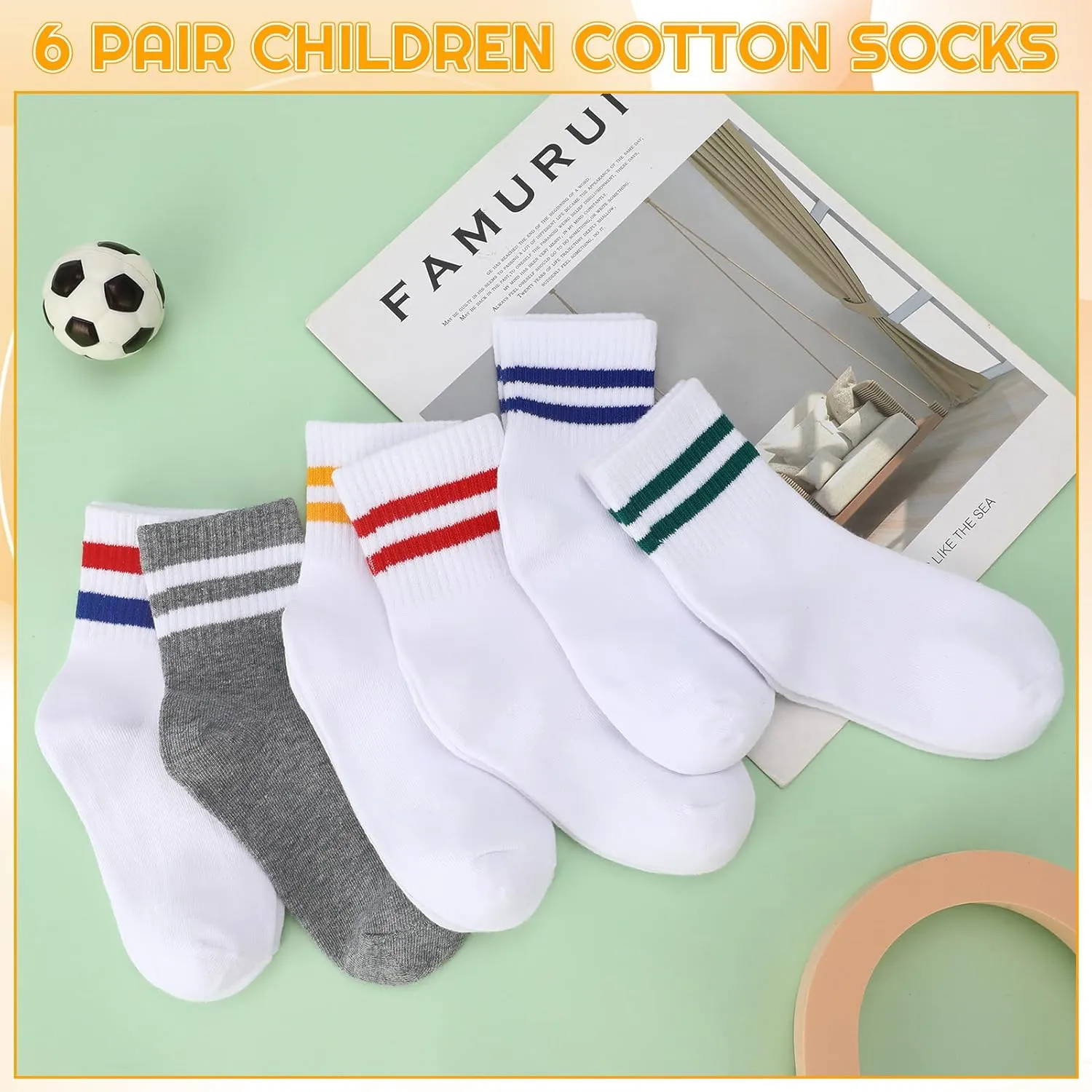 Jspupifip 6 Pairs Children Cotton Socks Boys Crew Socks Kids Sports Striped Girls Boys Cotton Socks School Athletic Socks