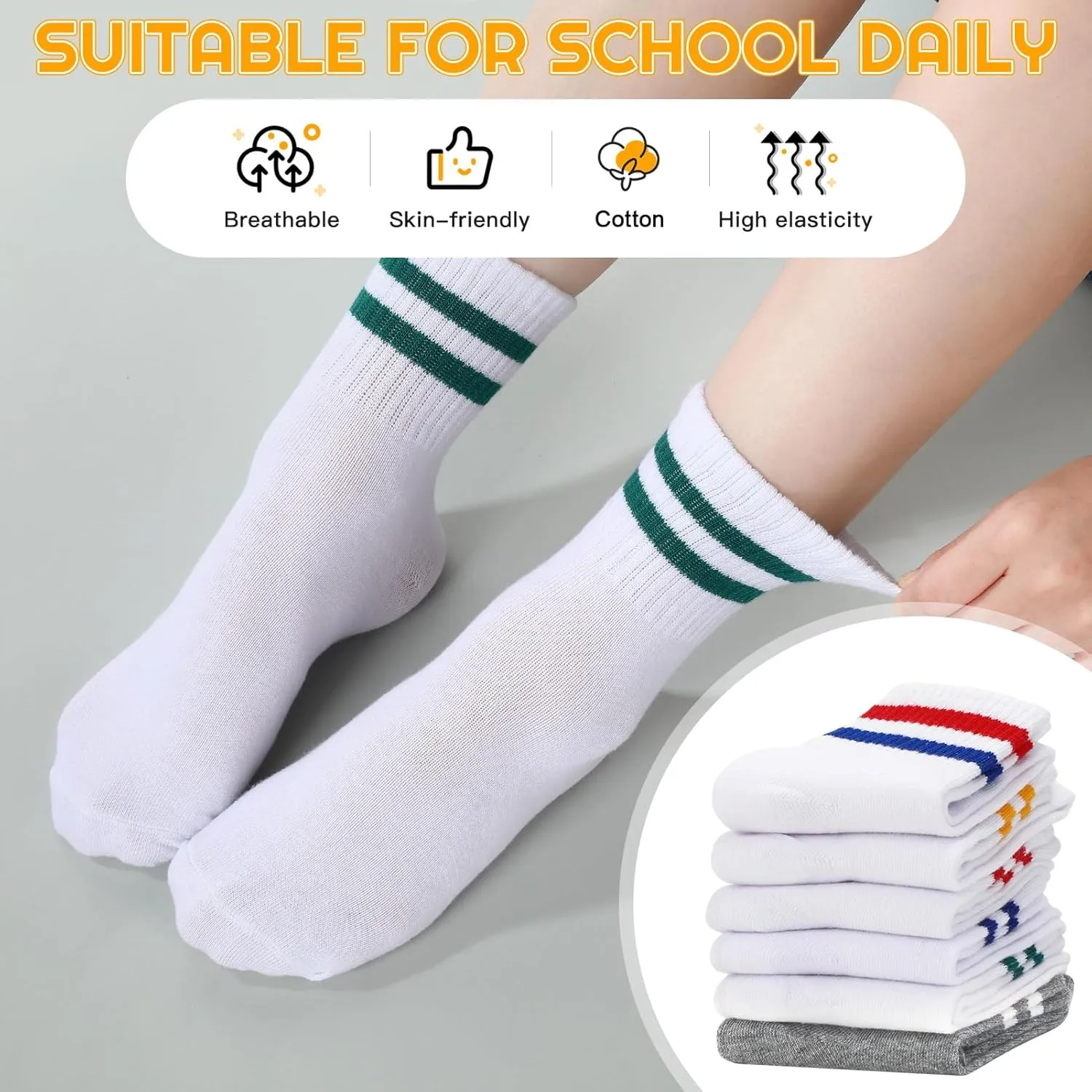 Jspupifip 6 Pairs Children Cotton Socks Boys Crew Socks Kids Sports Striped Girls Boys Cotton Socks School Athletic Socks