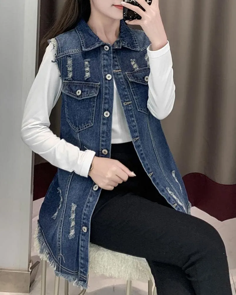 Kedera Women's Distressed Ripped Sleeveless Mid Long Plus Size Denim Jacket Jean Vest Cardigan Coats