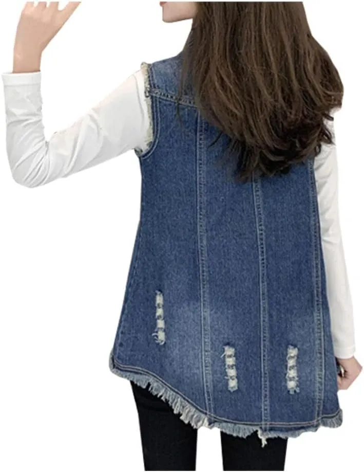 Kedera Women's Distressed Ripped Sleeveless Mid Long Plus Size Denim Jacket Jean Vest Cardigan Coats