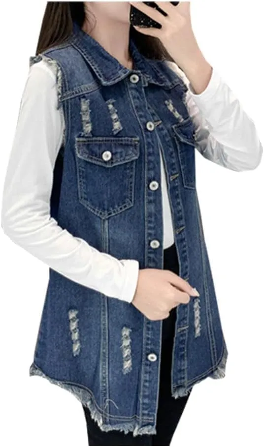 Kedera Women's Distressed Ripped Sleeveless Mid Long Plus Size Denim Jacket Jean Vest Cardigan Coats