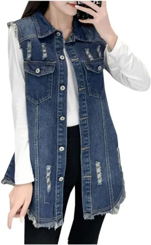 Kedera Women's Distressed Ripped Sleeveless Mid Long Plus Size Denim Jacket Jean Vest Cardigan Coats