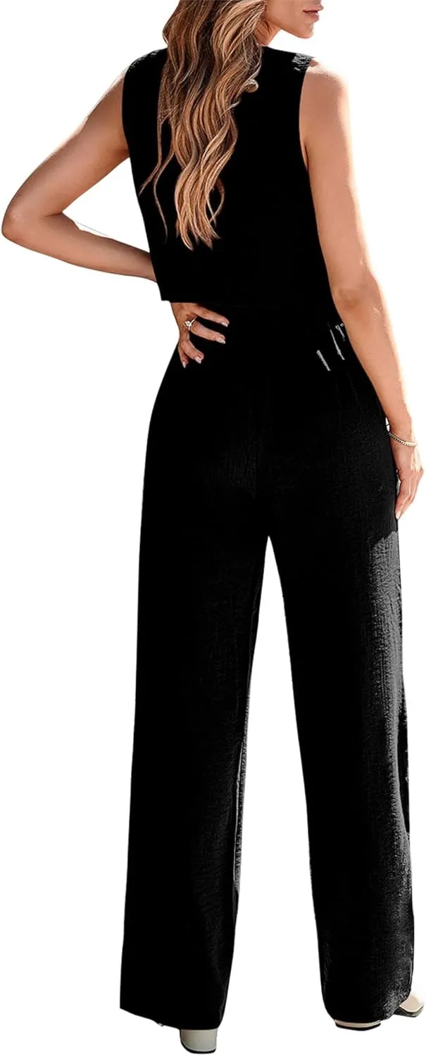 KIRUNDO Womens Two Piece Outfits Summer Fashion Button V Neck Crop Vest Blazer and Wide Leg Pants Suit Matching Sets
