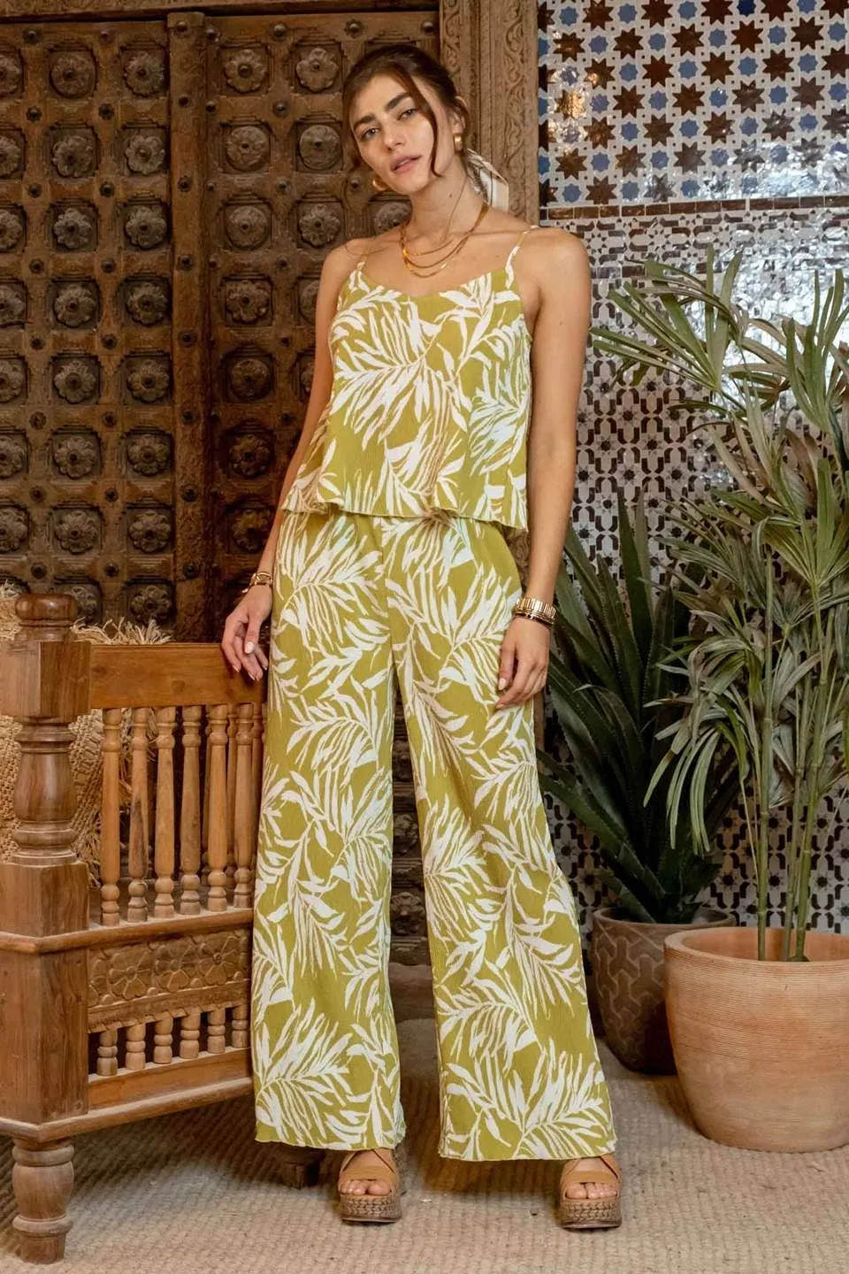 Leaf Print Plisse Cami Top