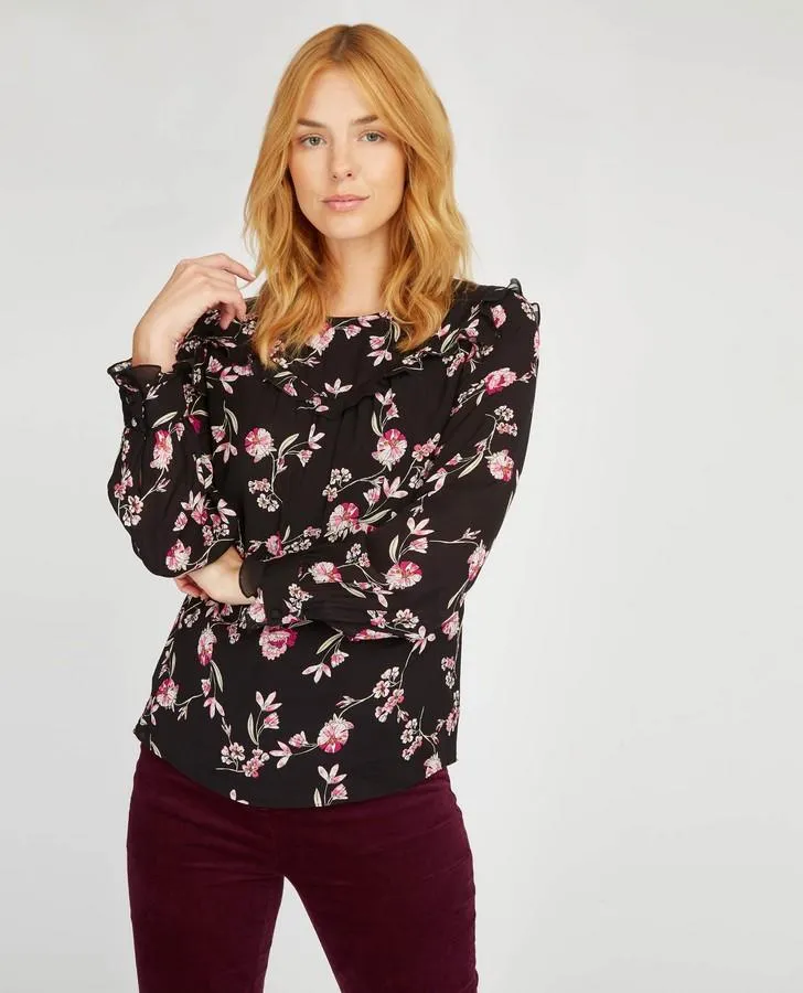 Long Sleeve Ruffle Bib Print Blouse