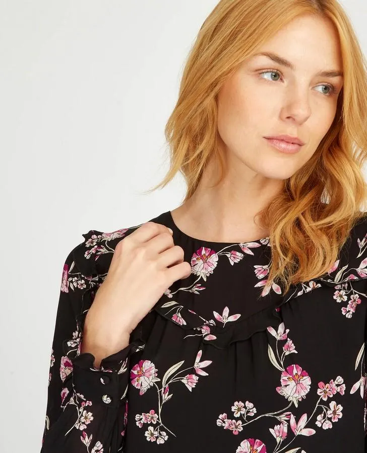 Long Sleeve Ruffle Bib Print Blouse