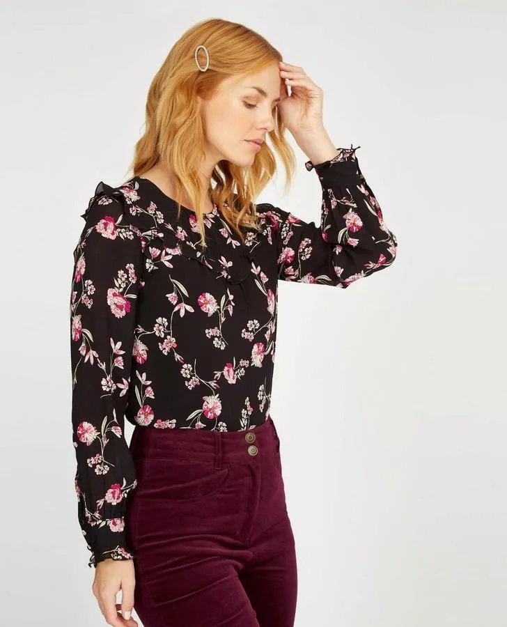 Long Sleeve Ruffle Bib Print Blouse