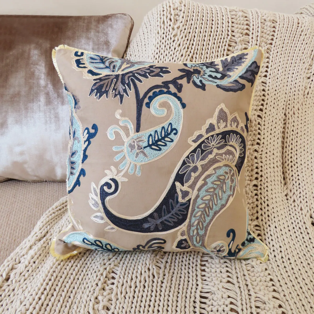 Luxury Blue Paisley Cotton Cushion Cover