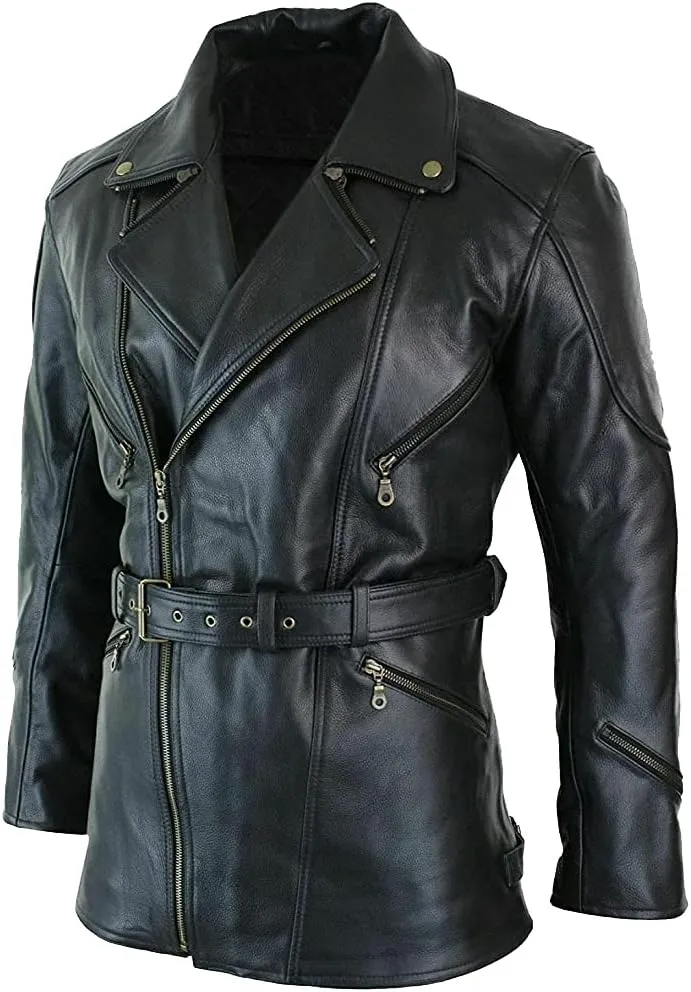 Mens 3/4 Quarter Length Motorcycle Black Biker Long Jacket Officer Biker Black Genuine Leather Coat