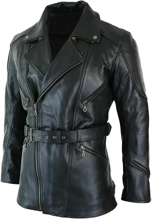 Mens 3/4 Quarter Length Motorcycle Black Biker Long Jacket Officer Biker Black Genuine Leather Coat