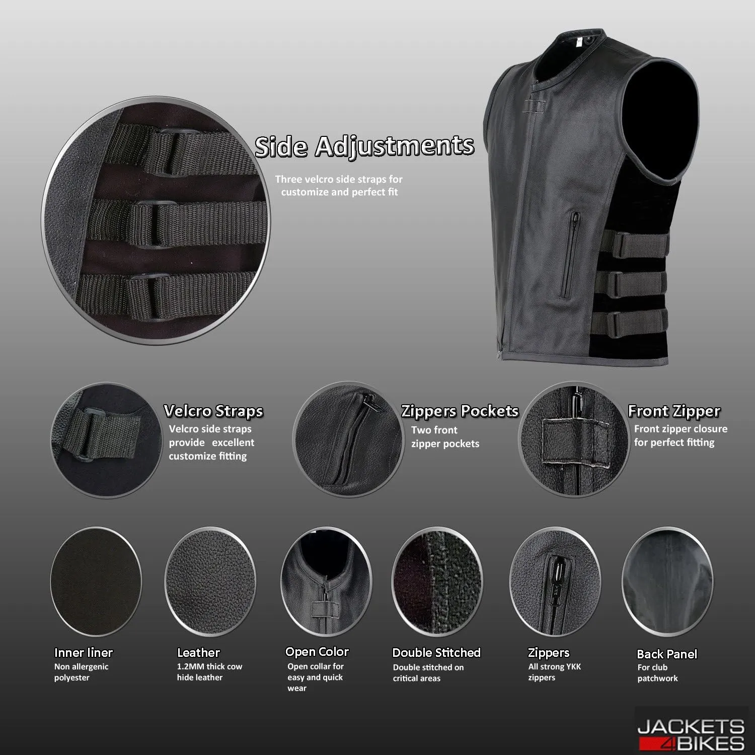 Men's Armor Biker Motorcycle Vest Swat Style | Premium Black Cowhide Leather | Adjustable Waist & Concealed Carry Pockets