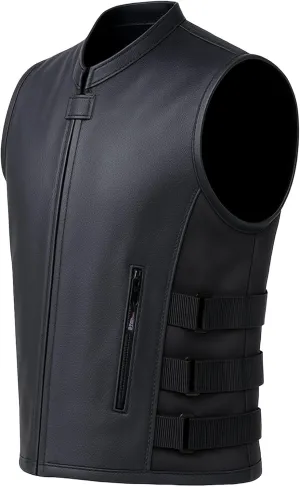 Men's Armor Biker Motorcycle Vest Swat Style | Premium Black Cowhide Leather | Adjustable Waist & Concealed Carry Pockets