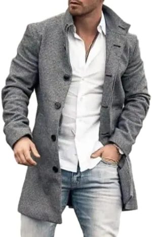 Mens Plaid Trench Coat Vintage Graphic Lapel Single Breasted Mid Long Jacket Coats Wool Blend Color Block Overcoat