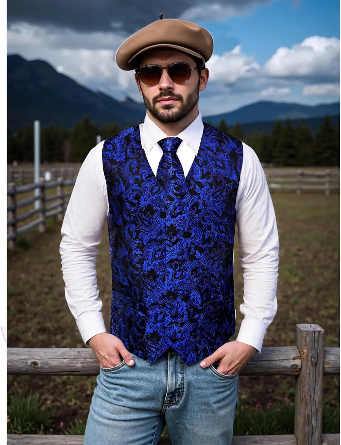 Mens Victorian Vest Tie Set Silk Paisley Suit Vests Formal Waistcoat Gothic Steampunk Vest with Notched Lapels