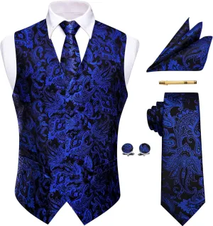 Mens Victorian Vest Tie Set Silk Paisley Suit Vests Formal Waistcoat Gothic Steampunk Vest with Notched Lapels