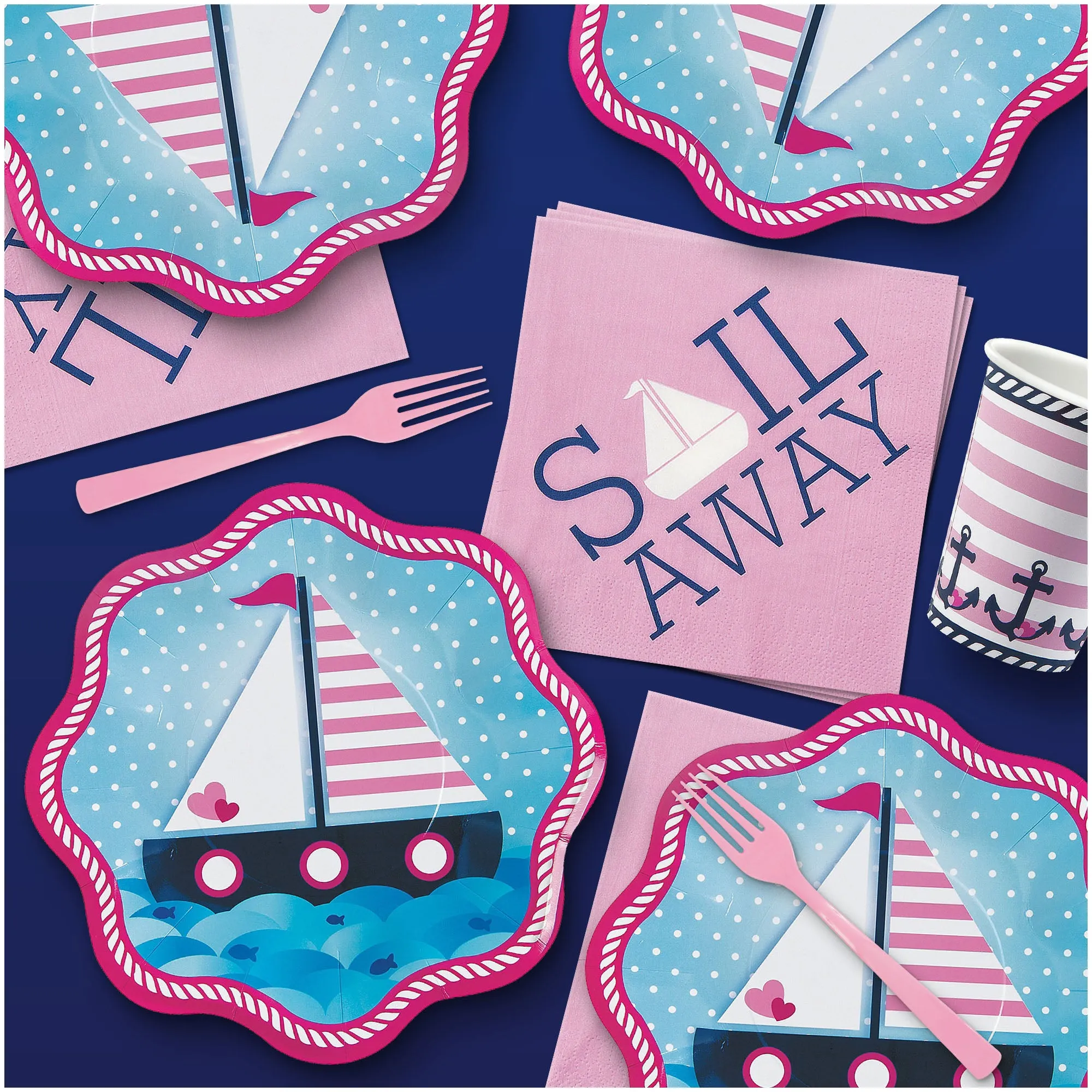 Nautical Girl Party Pack - Paper Plates, Napkins, Table Cover, and Cups (16 Plates, Napkins, & Cups)