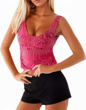 OLAPTA Women Sequin Beaded Sparkle Crop Cami Tank Glitter Rhinestone Low U Neck Sleeveless Backless Sexy Summer Going Out Top