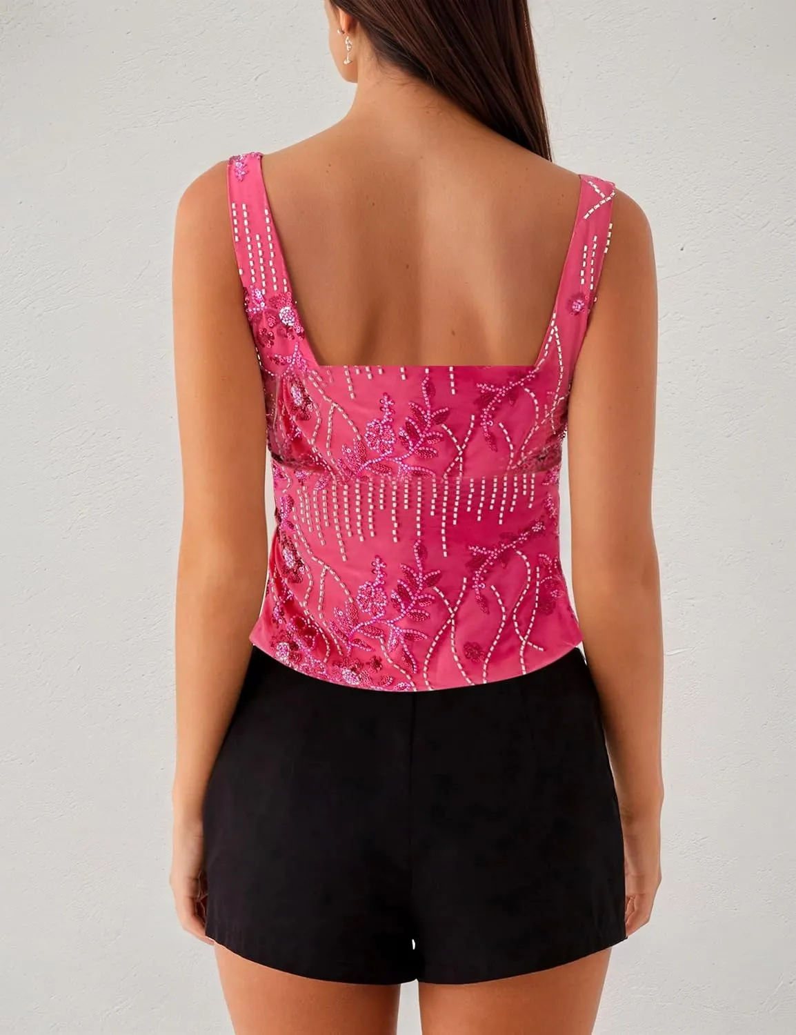 OLAPTA Women Sequin Beaded Sparkle Crop Cami Tank Glitter Rhinestone Low U Neck Sleeveless Backless Sexy Summer Going Out Top