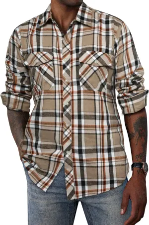 PJ PAUL JONES Mens Flannel Plaid Shirt Casual Long Sleeve Button Down Shirts with Pockets